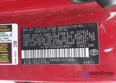 2010 Toyota Camry Se z USA, uszkodzony, nr VIN 4T1BF3EKXAU048081